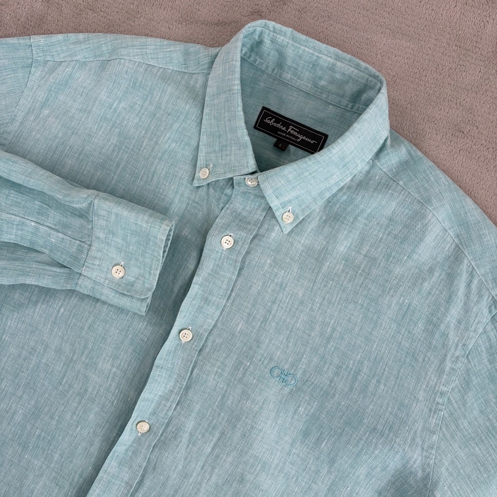 Salvatore Ferragamo Tailor Fit Chest Logo Shirt Turquoise Linen Men Large Italy